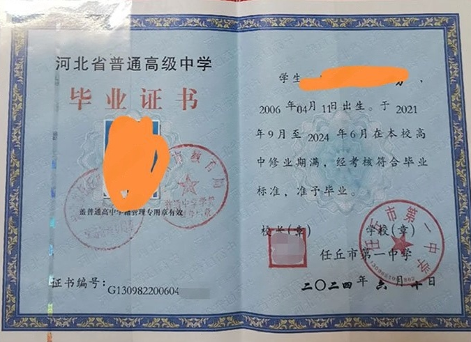 大方任丘市第一中学高中毕业证样本图片